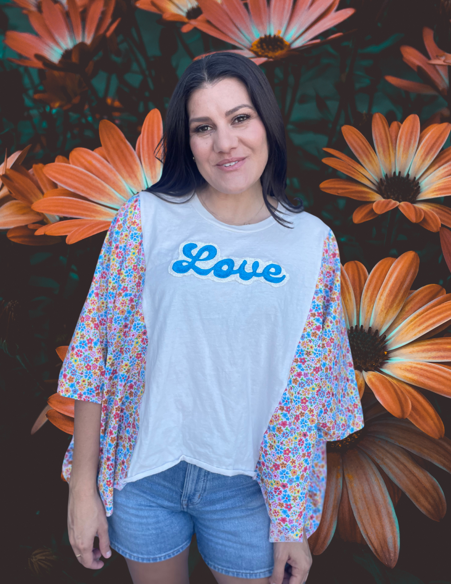 Imperfect Perfection 432 "Love" one of a kind Kimono floral sleeved tee