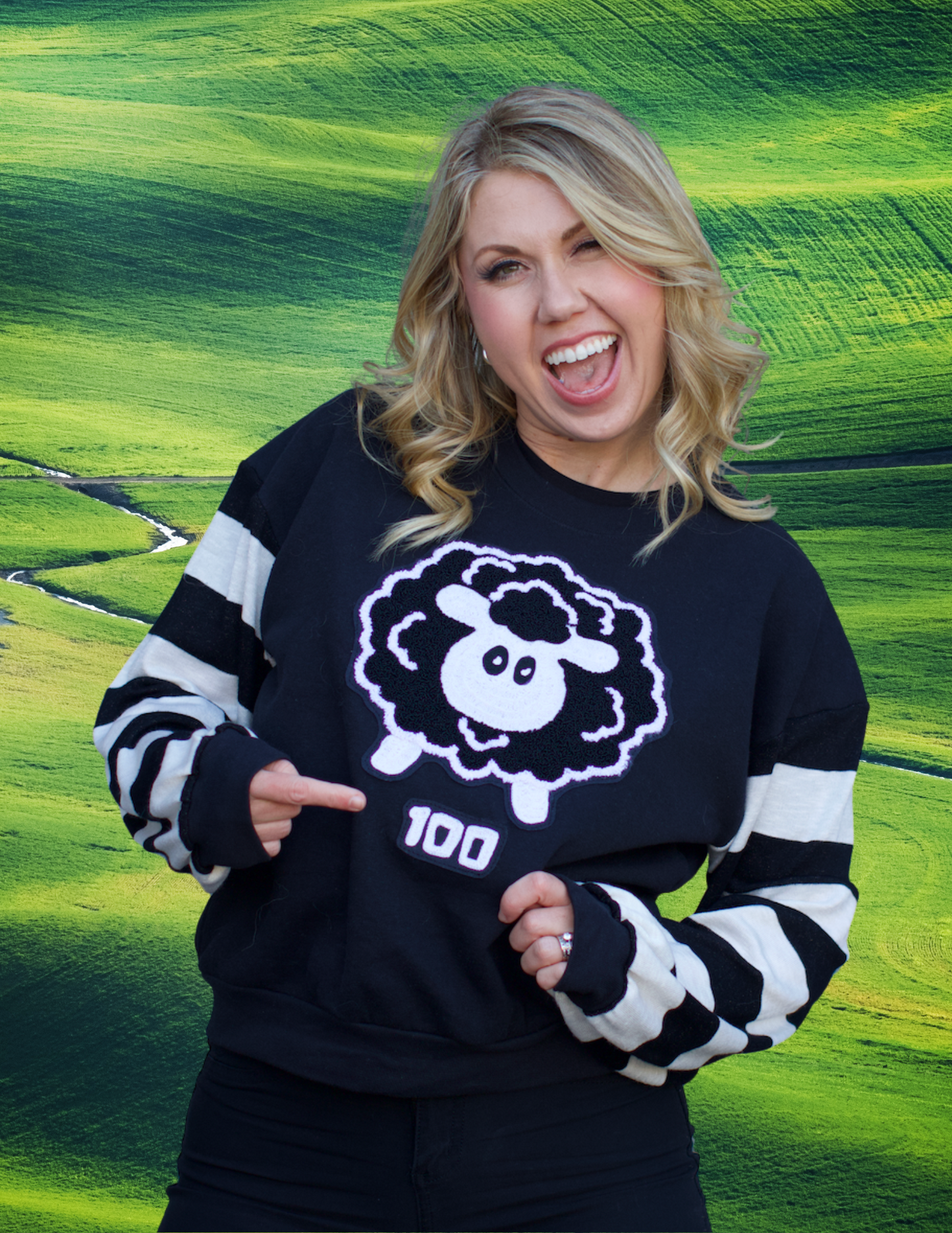 "100" Crewneck Sweatshirt with striped sleeves