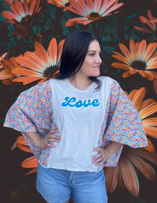 Imperfect Perfection 432 "Love" one of a kind Kimono floral sleeved tee